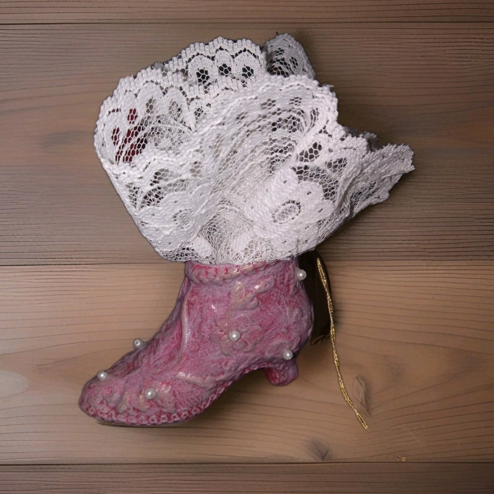 Pink Boot High Heel Shoe Lace &‎ Pearl Christmas Ornament